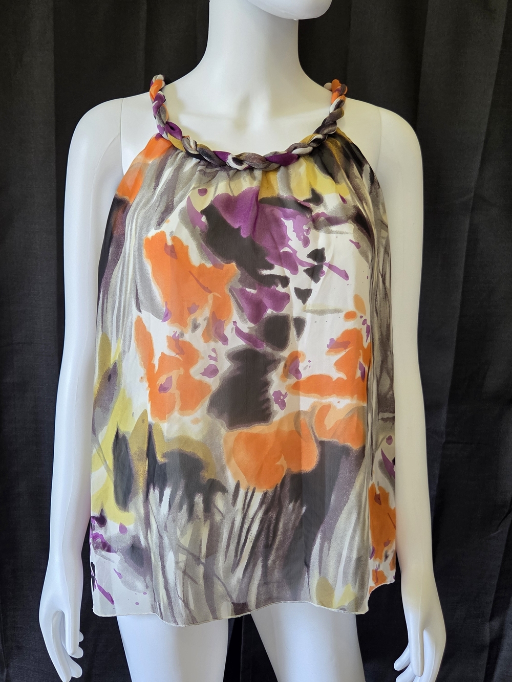 Braided-Neckline Flowy Floral Print Halter Top in Orange, Purple, Yellow